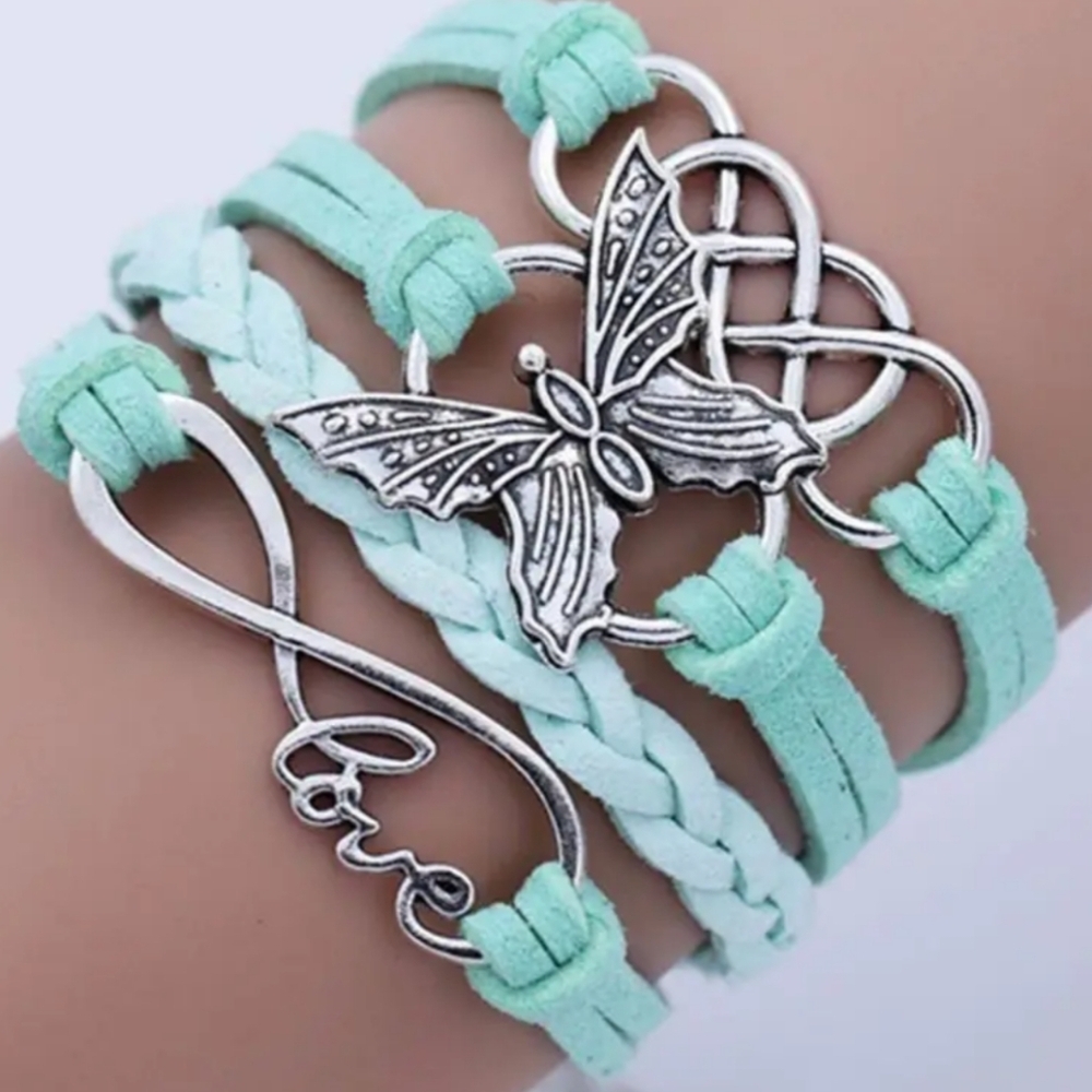 Y2K Green Silver Butterfly‎ Infinity Charm Chunky Summer Gift Bracelet (#032).